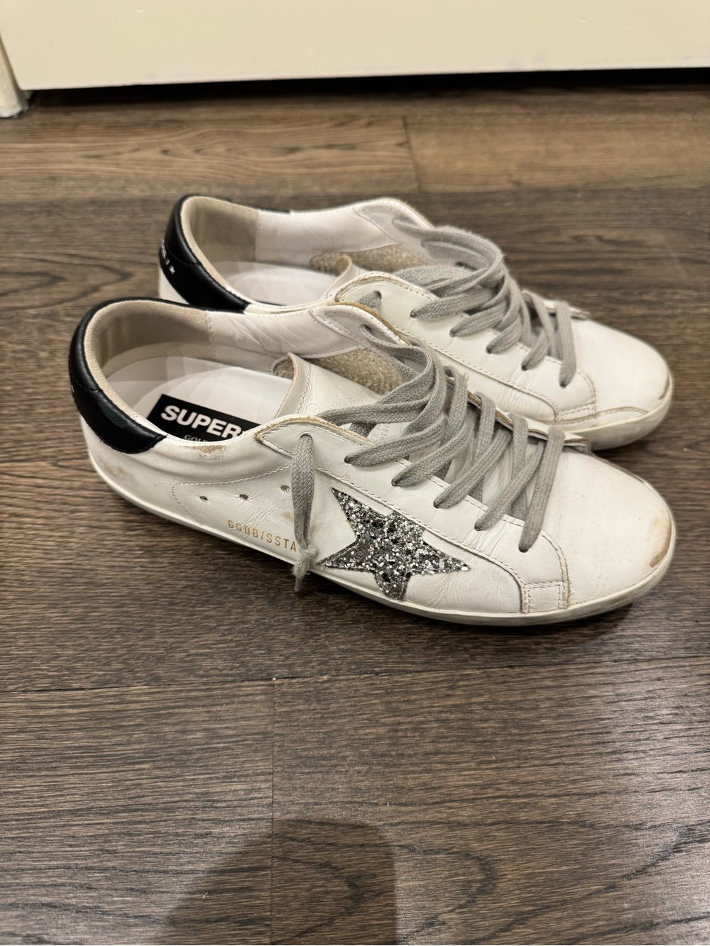 Golden Goose White Leather Sneakers with Silver Glitter Star and Black Heel